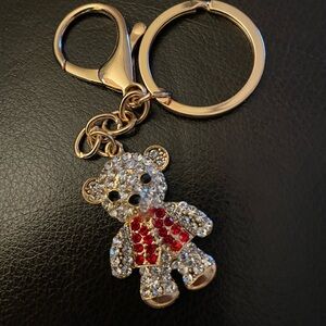 NWOT sparkling rhinestone crystals TEDDY BEAR key chain / bag charm w/ red bow